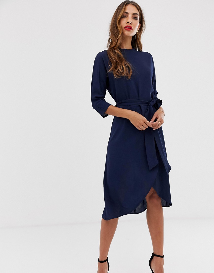 AX Paris - Midi-jurk met strikceintuur-Marineblauw