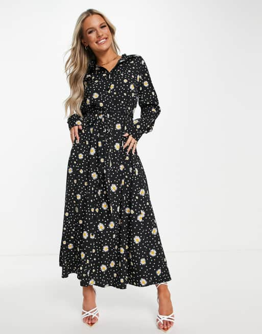 AX Paris midi shirt dress in black daisy print | ASOS