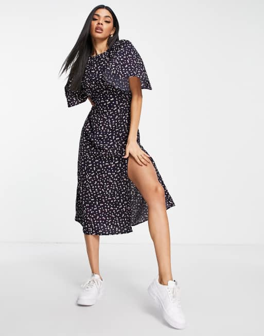 AX Paris midi tea dress with flutter sleeves in navy floral ASOS