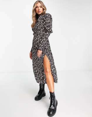 Ax Paris Midi Dress With Ruched Sleeves In Black & Pink Floral ModeSens