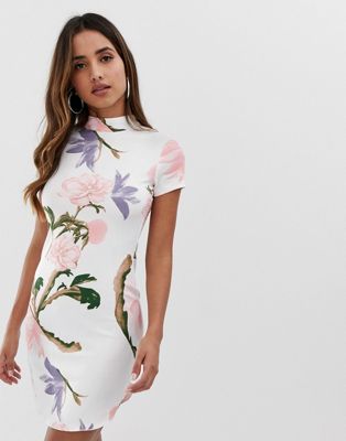 AX Paris - Mini-jurk met ronde zoom in bloemenprint-Wit