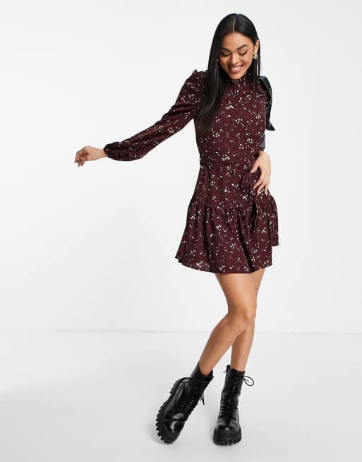 AX Paris - Mini-jurk met stroken en ceintuur in bordeauxrode bloemenprint, 3 van 4