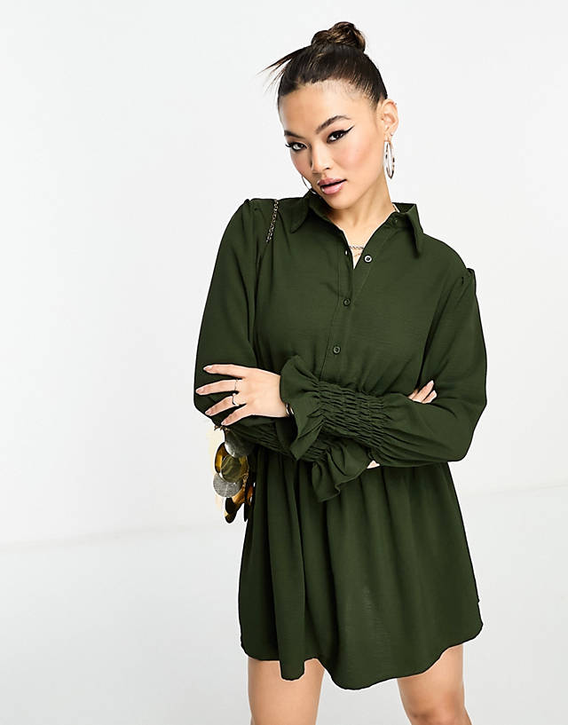 AX Paris - mini shirt dress with shirred waist in olive green