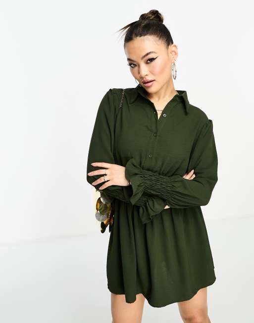 Olive Shirred Waist Long Sleeve Shirt Dress – AX Paris