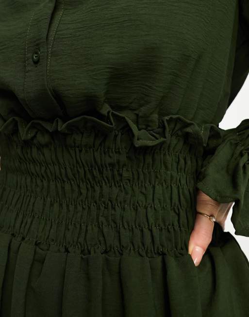 AX Paris mini shirt dress with shirred waist in olive green ASOS