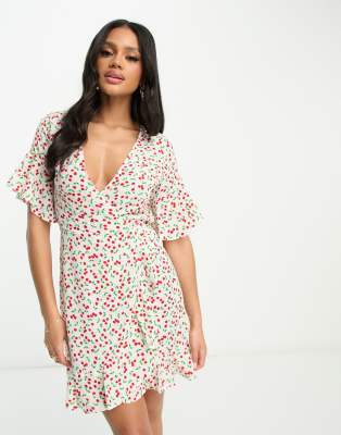 mini wrap dress in cream and red cherry print-Black