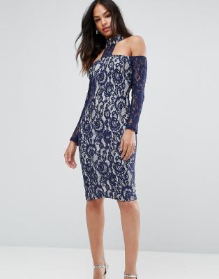 AX Paris Navy Long Sleeved Bardot Midi Dress-Multi