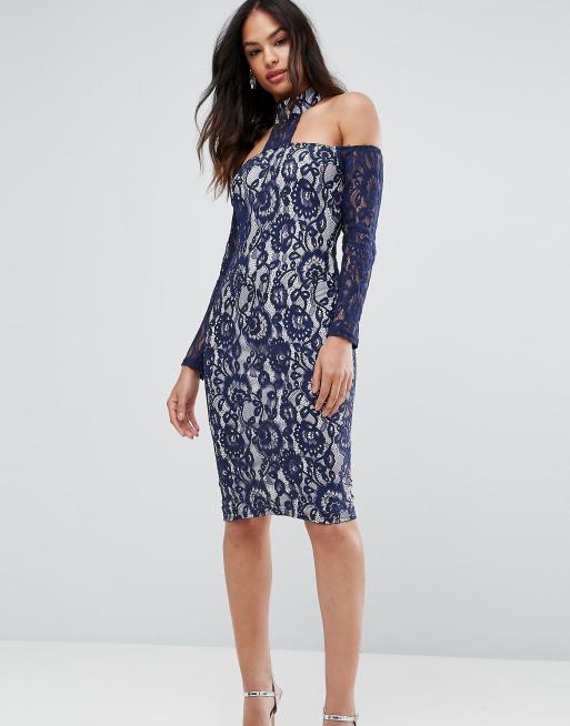 AX Paris Navy Long Sleeved Bardot Midi Dress