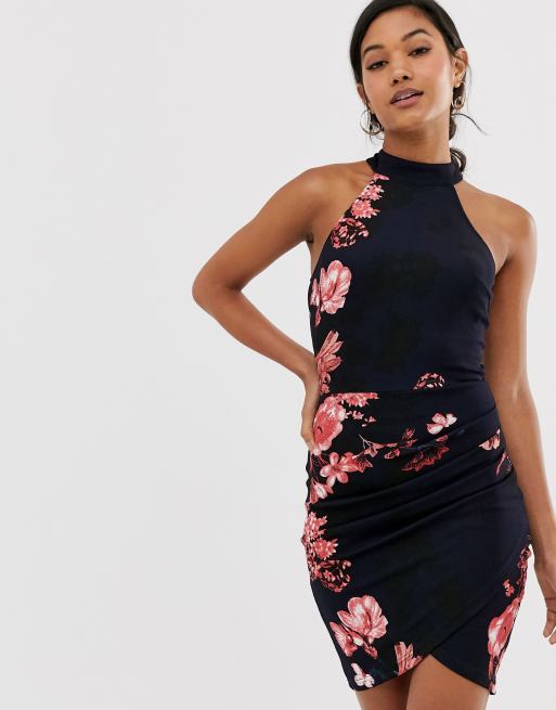 Navy floral cut hotsell in neck wrap dress