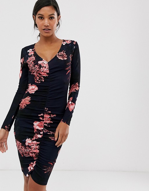 AX Paris navy pink floral long sleeve dress with ruched front