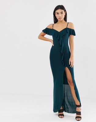 AX Paris off shoulder maxi dress with side split and ruffle detail-Black