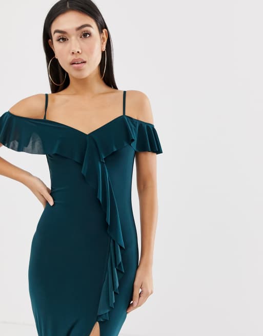 AX Paris off shoulder maxi dress with side split and ruffle detail