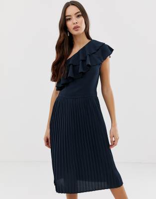 one shoulder frill midi dress