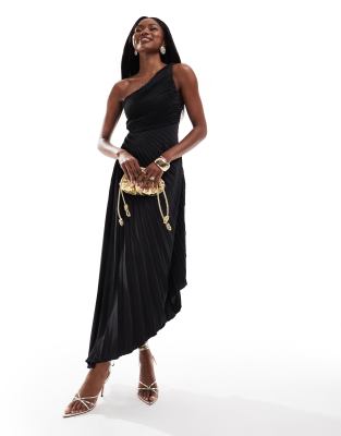 one shoulder pleated midi dress in black