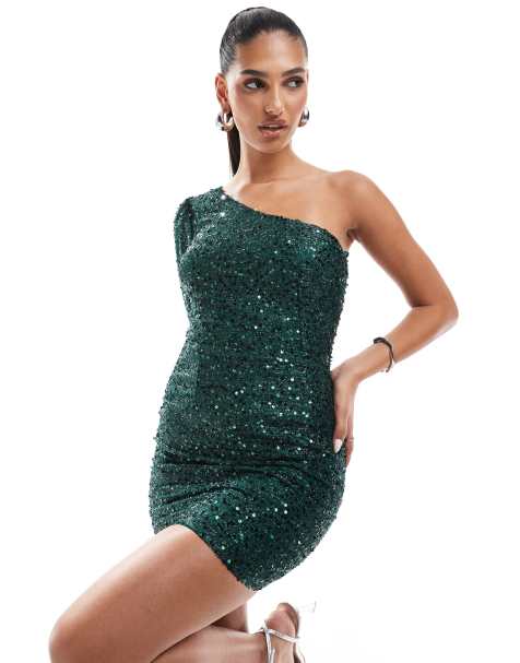 AX Paris – Pailletten-Minikleid in Grün mit One-Shoulder-Ärmel - view 1