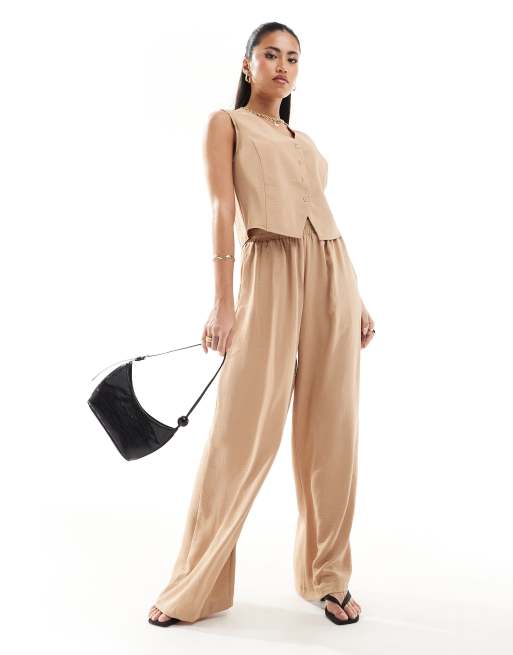 AX Paris - Pantalon d'ensemble ample à taille froncée - Beige