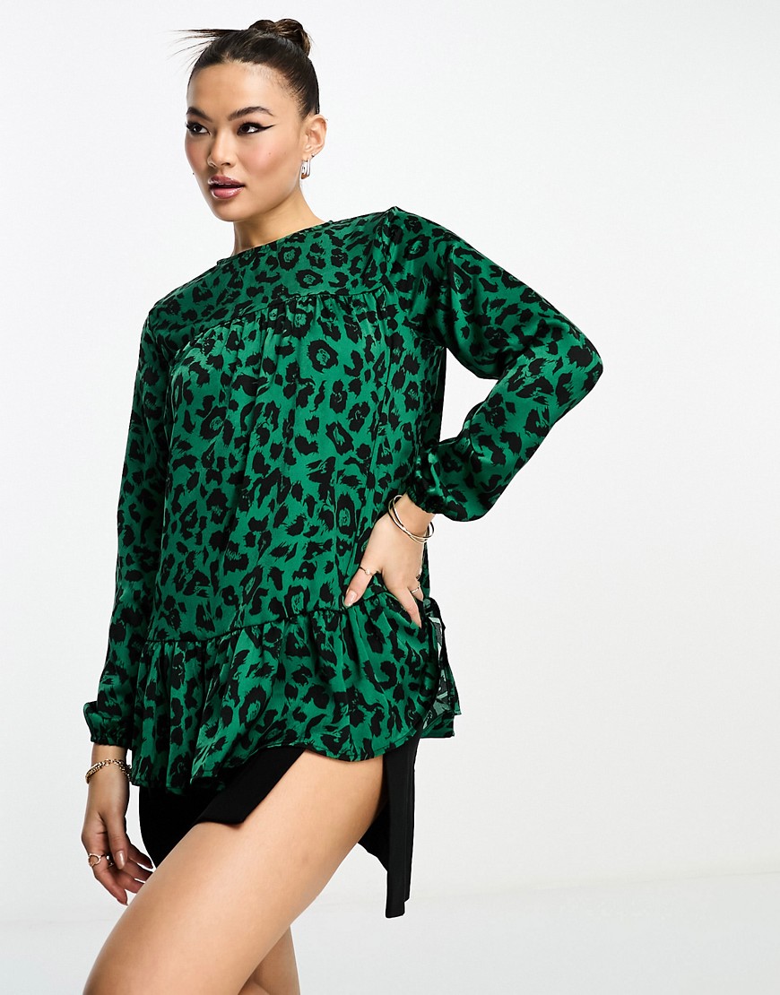 AX Paris pep-hem blouse in green leopard print
