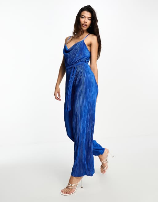 AX Paris - Plissé jumpsuit met wijde pijpen en gedrapeerde pijpen in blauw