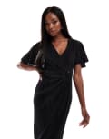 [AX Paris] AX Paris plisse short sleeve wrap midi dress with ring detail in black 10 BLACK
