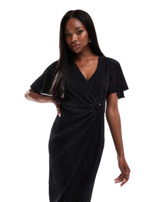 AX Paris plisse short sleeve wrap midi dress with ring detail in black