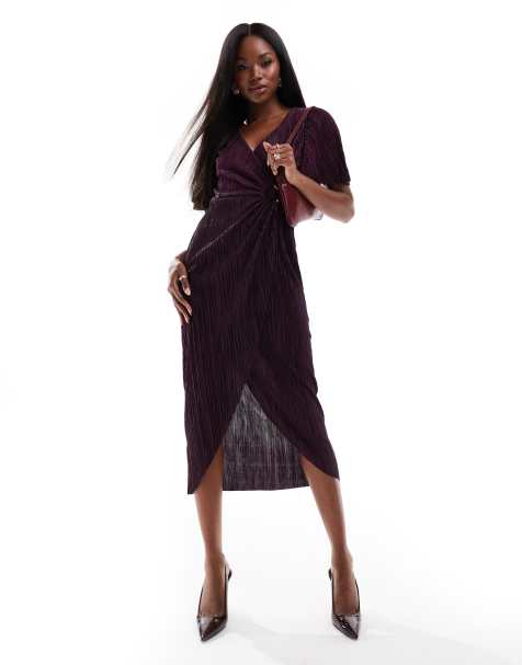 AX Paris plisse short sleeve wrap midi dress with ring detail in plum