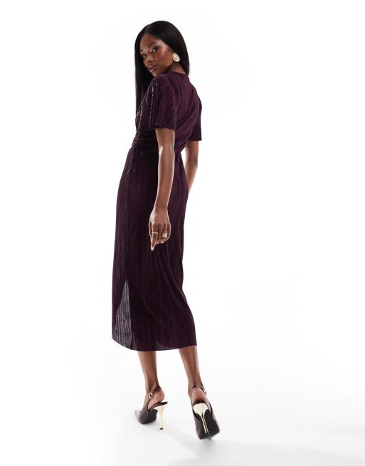 AX Paris plisse short sleeve wrap midi dress with ring detail in plum ASOS