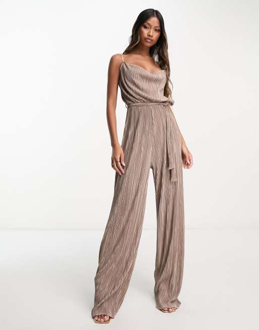 Taupe Plisse Cowl Neck Jumpsuit – AX Paris