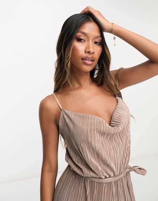 Taupe Plisse Cowl Neck Jumpsuit – AX Paris