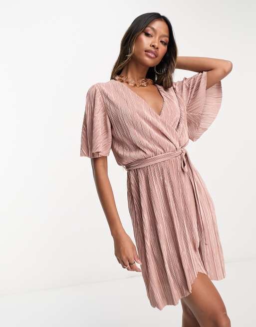 AX Paris plisse wrap front mini dress in pink