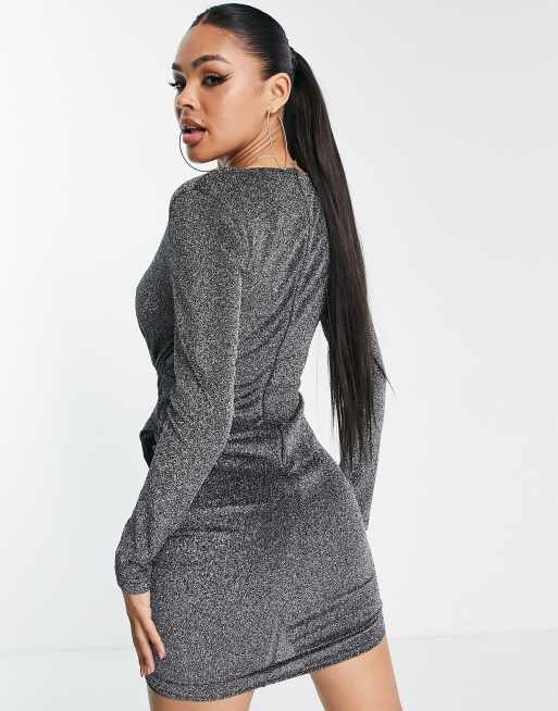 Black glitter plunge clearance long sleeve bodycon dress