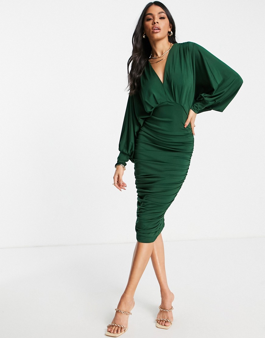 AX Paris plunge front ruched midi bodycon dress in green