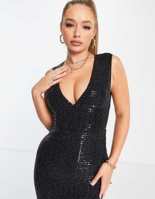 black sequin plunge dress