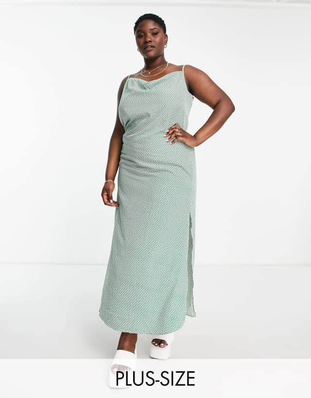 AX Paris Plus cowl neck satin midi dress in green polka dot