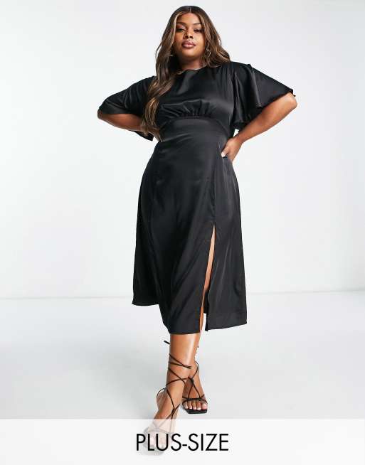 AX Paris Plus flutter sleeve midi dress in black satin