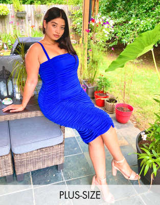 Ax Paris Plus Gathered Midi Dress In Blue-blues In Blues