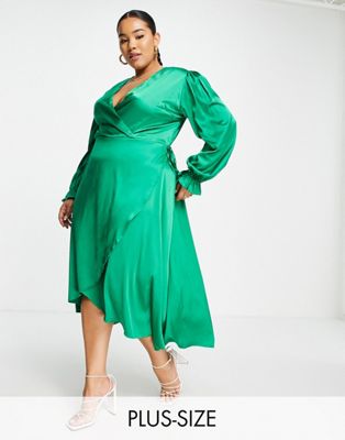 AX Paris Plus long sleeve wrap dress in green satin - ASOS Price Checker