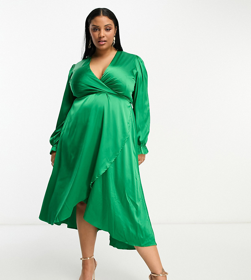 AX Paris Plus long sleeve wrap dress in green satin