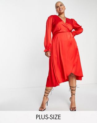 AX Paris Plus long sleeve wrap dress in red satin