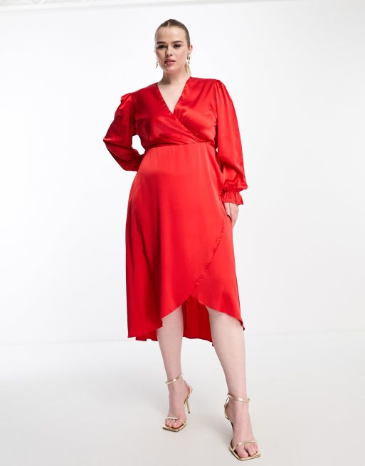 AX Paris Plus long sleeve wrap dress in red satin