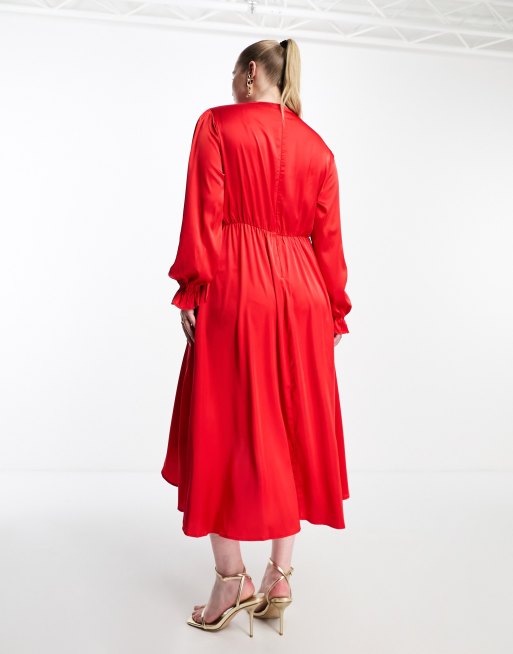 Red satin long sales sleeve wrap dress