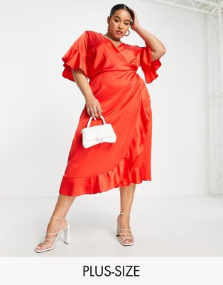 AX Paris Plus midi ruffle satin dress in red - ASOS Price Checker