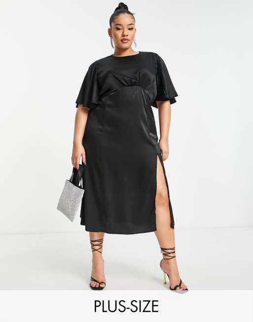 AX Paris Plus - Robe mi-longue en satin à manches évasées - Noir