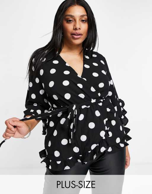 Black And White Polka Dot Plus Size Ruffle Sleeve Women Blouse