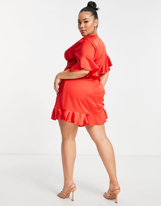 AX Paris Plus ruffle wrap dress in red satin ASOS