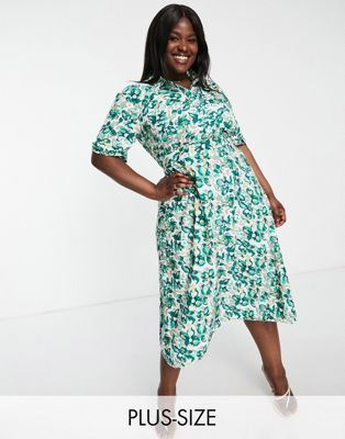 Ax Paris Plus Shirt Dress In Green Floral | ModeSens