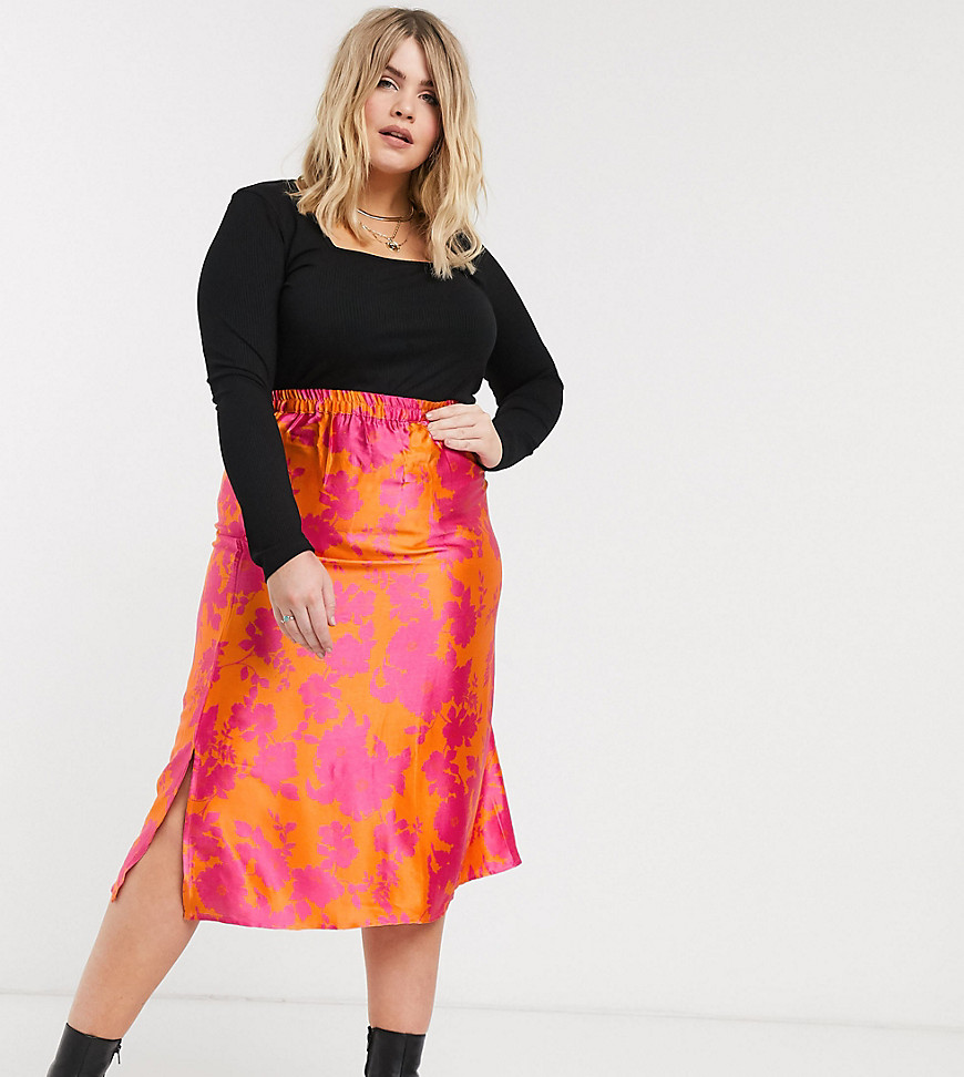 AX Paris Plus slip skirt in bright floral-Orange