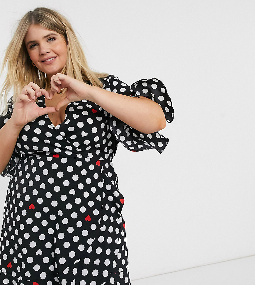 AX Paris Plus - Valentijn - Mini-jurk met overslag met hartjes- en stippenprint-Zwart
