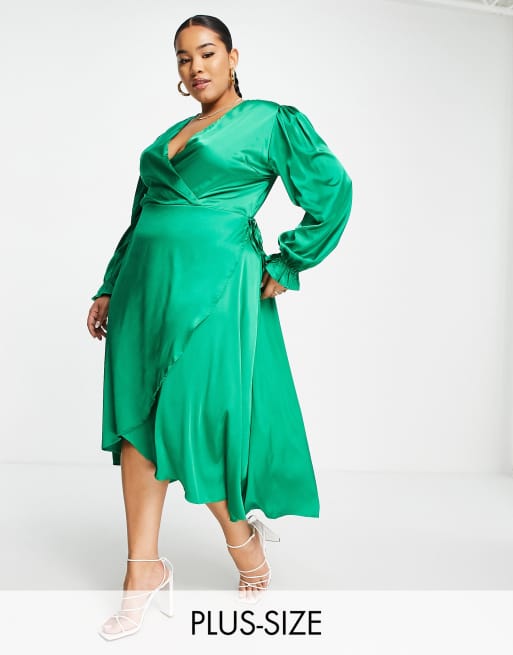 AX Paris Plus - Vestito avvolgente a maniche lunghe in raso, colore verde