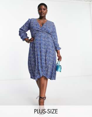 AX Paris Plus wrap midi dress in blue polka dot