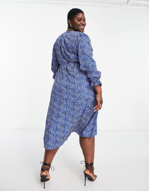 AX Paris Plus wrap midi dress in blue polka dot